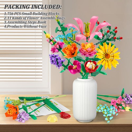 Linkowin 756 PCS Flower Bouquet Building Sets - 11 Kinds of Building Block Flowers, Botanical Collection Crafts Set for Home Office Decoration, Valentines Day for Adults Girl, No Vase
