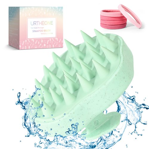 URTHEONE Scalp Massager Shampoo Brush, Hair Scalp Scrubber Head Massager with Soft Silicone Bristles for Women Men Kids Pets Shower and Hair Growth(Green) Includes 5 Pcs Hair Ties