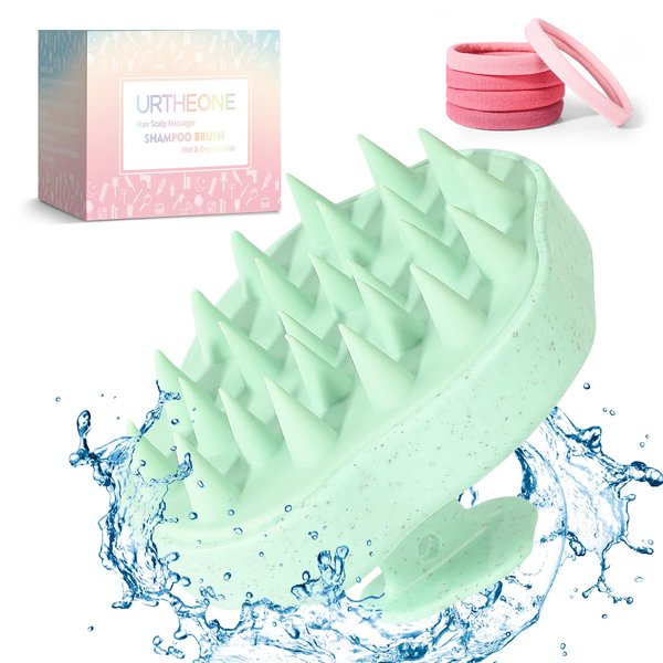 URTHEONE Scalp Massager Shampoo Brush, Hair Scalp Scrubber Head Massager with Soft Silicone Bristles for Women Men Kids Pets Shower and Hair Growth(Green) Includes 5 Pcs Hair Ties