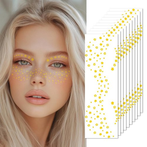 Gold Glitter Freckles Temporary Face Fake Tattoos For Women, Sparkle Waterproof Makeup Patches, Glow Up Faux Star Speckles - 10 Count