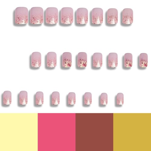 Thanksgiving Press on Square Nails Short Length Glossy Full Cover Acrylic False Nails with Maple Leaf Designs Artificial Square Shaped Fake Nails with Charms Glue ons Fingernails for Women(DZ06)