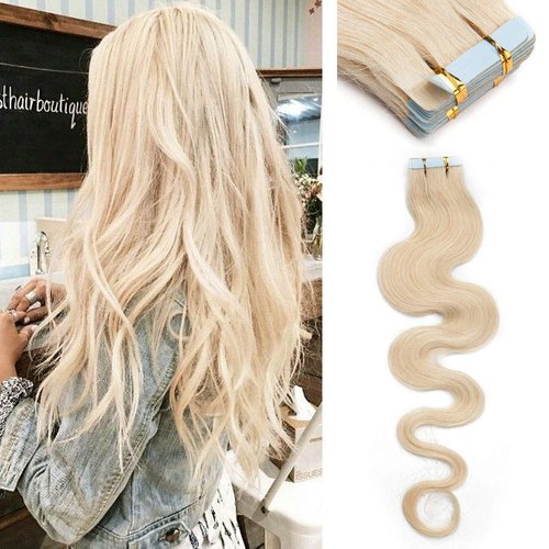 Tape in Hair Extensions Real Human Hair 40pcs 80g 100% Remy Hair Extensions of Balayage Platinum Blonde Seamless Curly Wavy Tape in Hair Extension Double Sided of 14 inch