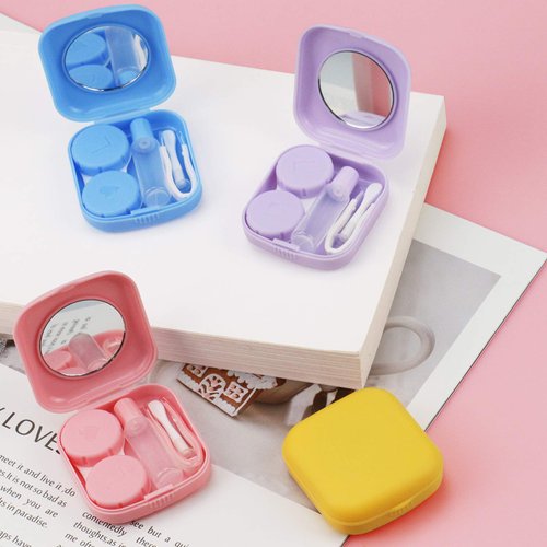 QVVQ 4PCS Contact Lens Case, Colorful Contact Lens Box Holder Container, Outdoor Mini Contact Lens Soak Storage Kit With Mirror For Travel&Home (Yellow, Pink, Blue Purple)