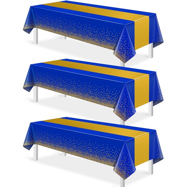 3Pcs Blue and Gold Tablecloth Party Decorations,Plastic Royal Blue Table Cloth Printed Gold Table Runner Disposable Rectangle Table Cover for Birthday Anniversary Wedding Graduation Party,54 x108 Inch