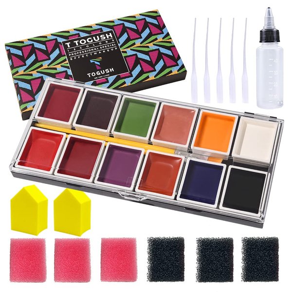 T TOGUSH 12 Colors Alcohol Activated Makeup Palette Set with Mimic Wound Sponge Makeup Egg for SFX Makeup Halloween Makeup