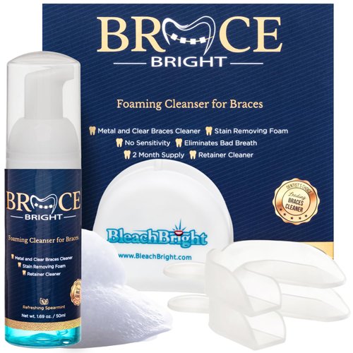 Teeth Whitening for Braces Cleaner kit Under Metal, Ceramic, Clear Brackets & Wires. Use w/Toothbrush, Rinse or in Trays. No Sensitivity. Fights Plaque, Minty Foam, Kid Friendly, Tooth Stain Remover