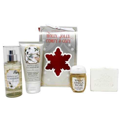 Bath & Body Works Holly, Jolly, Comfy & Cozy - Mini Gift Box Set - Snowflakes & Cashmere Fine Fragrance Mist,Body Cream and Warm Vanilla Sugar Pocket Hand Gel With a Natural Oats Sample Soap., white