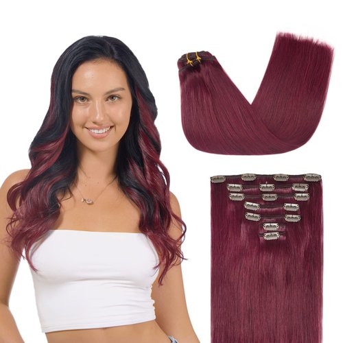 GOO GOO Clip in Hair Extensions Real Human Hair, 18inch 120g 7Pcs, 530 Burgundy, Remy Human Hair Extensions Clip ins for Women, Natural Human Hair