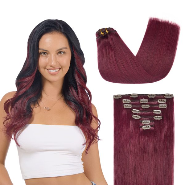 GOO GOO Clip in Hair Extensions Real Human Hair, 18inch 120g 7Pcs, 530 Burgundy, Remy Human Hair Extensions Clip ins for Women, Natural Human Hair