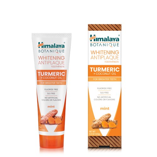 Himalaya Botanique Turmeric & Coconut Oil Whitening Antiplaque Herbal Toothpaste, Whitens Teeth, Fluoride Free, No Artificial Flavors, SLS Free, Vegan, Cruelty Free, Foaming, Mint Flavor, 4 Oz, 1 Pack