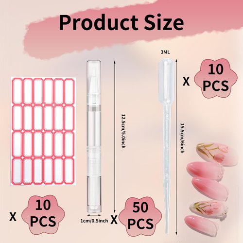50 Pack 3 ML Transparent Twist Pens 10 Pcs dropper Empty Cuticle Nail Oil Pen Nail Applicators with Brush Tip Cosmetic Lip Gloss Containers Applicators with 10 labels Eyelash Growth Liquid Tube
