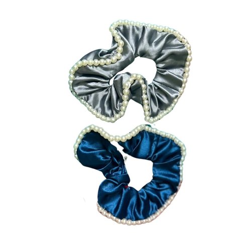 Elegant Satin Pearl Embedded Hair Scrunchies with Pearl Beads for Women – Pack of 2, Premium Satin Elastic Hair Bands for Stylish – Ideal for Weddings & Parties (Grey & Dark Blue)
