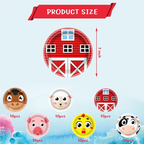 OUSHISS 60Pcs Farm Animal Party Plates, Cock Pig Cow Sheep Disposable Cartoon Animal Plates, Barn Animal Theme Birthday Party Supplies, For fun farm party decorations
