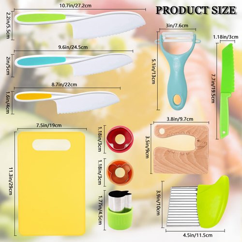 11 Pieces Wooden Kids Kitchen Knife, Kids Knife Set Include Wood Kids Knife, Serrated Edges Plastic Toddler Knife, Crinkle Cutter, Sandwich Cutter, Y Peeler, Cutting Board