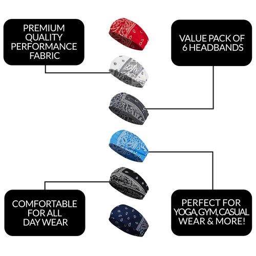 Styla Hair Solid Headband for All Hair Types – 6 Pack Wide Headbands for Women in Soft Stretch Fabric for All Day Wear – Trendy & Stylish Headbands for Women's Hair (Bandana)