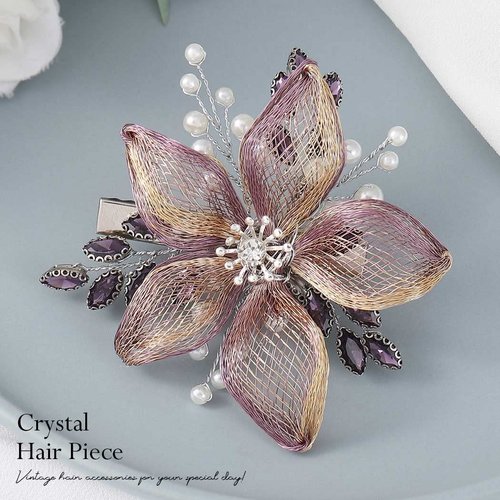Unicra Purple Flower Bride Wedding Hair Clip Silver Bridal Hair Piece Crystal Hair Pin Rhinestone Bridesmaids Hair Accessories Pearl Prom Hair Jewelry for Women and Girls
