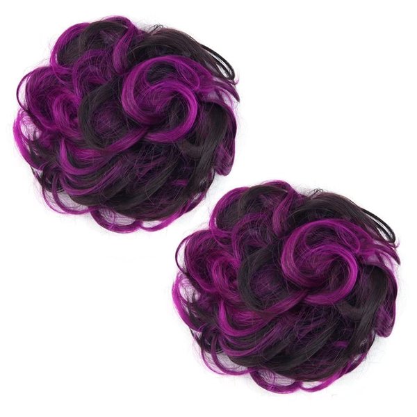 iLUU Dark Brown Highlight with Hot Pink Messy Fake Hair Bun Extensions Instant Synthetic Chignons Hair Scrunchie Scrunchy Updo Hairpiece Ponytail for Women, 2pcs/pack
