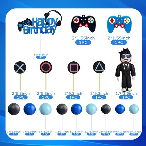 Video Game Cake Toppers Gamer Cake Decoration Game Controller Blue Black Ball Cake Toppers for Game Theme Party Man Boy Birthday Party Supplies (Style 1)