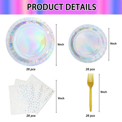 96 Pcs Iridescent Party Decorations Supplies Disposable Paper Dinner Plates and Napkins Forks Tableware Set for Mermaid Birthday Wedding Cocktail Party Serve 24