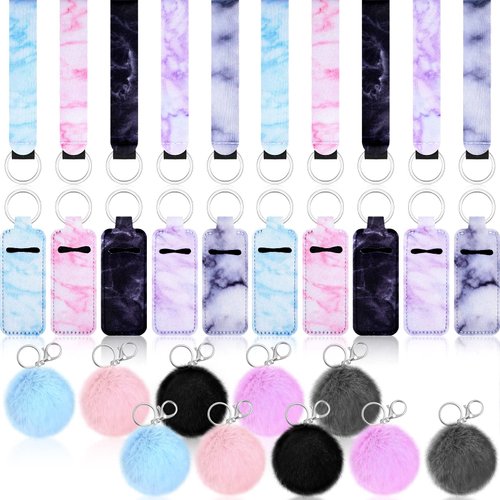 30 Pieces Marble Lipstick Holder Keychain Lip Balm Holder Set Lipstick Holder Includes Keychain Wristlet Lanyard, Marble Style Lipstick Holder and Ball Pom Pom Accessory (Square)