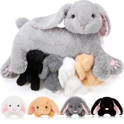 HyDren Nursing Bunny Stuffed Animal Plush Toys 15 Inch Plush Bunny Mommy with 4 Stuffed Magnetic Baby Rabbit Plushies for Kids Birthday Graduation Children's Day Gifts Baby Shower Easter Party Favors