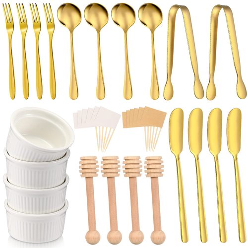 Charcuterie Board Accessories Utensils Cheese Butter Spreader Knives Set Include Serving Tongs, Knives, Spoons, Forks, Toothpick Flags, Honey Dippers, Bowl for Christmas Pastry Making (Gold)