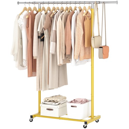JIUYOTREE Rolling Clothes Rack with Shelf Clothing Garment Rack with Wheels Width Adjustable Clothing Organizer for Hanging Clothes Shirts Pants Skirts and Bags Gold