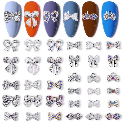 WOKOTO 33 Pcs 3D Silver Bowknots Nail Charms for Nail Art 3D Bow Charms for Acrylic Nails Art Jewels Nail Rhinestones and Charms for Nails Designs Charms 3D Bow Ties Charms Nail Art Gems for Women