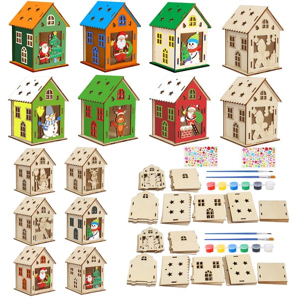 Fennoral 14 Pack Wooden Christmas House Craft Kit for Kids Make You Own 3D Christmas House Kit with Snowman Penguin Santa Claus Elf Gingerbread Man Reindeer Pattern DIY Paint for Christmas Decoration