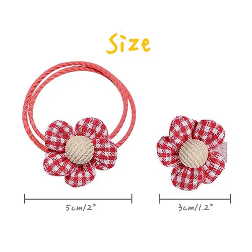 2PCS Fabric Flower Ropes Series Hair Bands Clips Ties Ponytail Holders Soft Elastic Bands/Clips with Flowers Hair Accessories for Baby Girls Children and Ladies (Rope-Red)