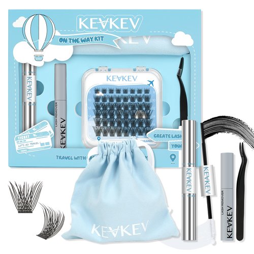 KevKev Lash Extension Kit for Travel, Portable Eyelash Extension Kit, Lash Clusters Kit 40Pcs Eyelash Clusters with Lash Bond and Seal Remover Tweezers Organizer Bag (Caramel,D-8-16mix Travel Kit)
