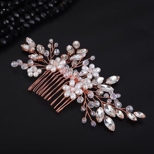 Teyglen Flower Pearl Bride Wedding Hair Comb Crystal Hair Comb Bridal Hair Piece Decorative Hair Accessories for Bride Rhinestone Headpiece for Women Grils (Rose gold)