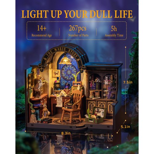 Rowood Miniature House Kit,DIY Miniature Dollhouse Kits for Adults,Mini House Craft Kits for Women with LED,Christmas Birthday Gift for Kids Teens Ages 14+(The Magic Study)