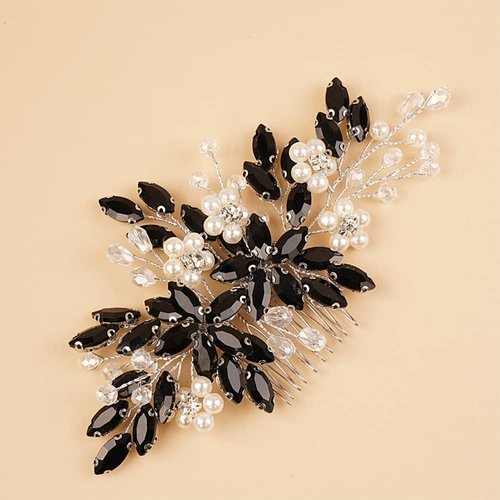 BERYUAN Bridal Hair Comb with Pearls, Crystals, Floral Accents, and Bride Headpiece - Handmade Wedding Hairpiece for Women and Girls (black)