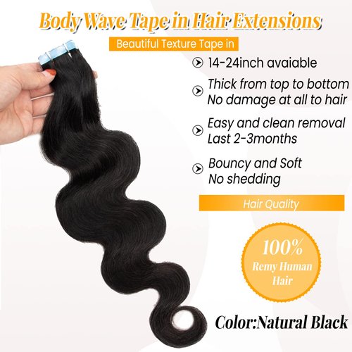 Valiilo Body Wave Tape in Hair Extensions Real Human Hair Natural Black Wave Human Hair Tape in Extensions 18inch Wave Tape ins for Black Women Double Sided Skin Weft Glue in Remy Hair 20pcs 50g