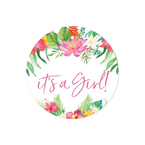 Andaz Press Tropical Floral Garden Party Baby Shower Collection, Round Circle Gift Tags, It's a Girl!, 24-Pack, Ocean Nautical Hawaii Flamingo Theme