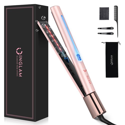 IG INGLAM Titanium Flat Iron Hair Straightener, Infrared Curling Iron 1 Inch, Negative Ionic Hair Iron Straightener 11 Adjust Temp 250°F to 450°F, Shiny Hair Dual Voltage 110-240V, Gift, Pink