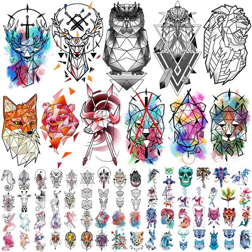 77 Sheets Geometric Animal Temporary Tattoo, 17 Sheets Half Arm 3D Lions Fox Wolf Owl Tiger Fake ...