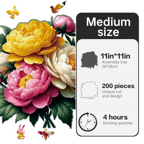 NIUNIUAMY Wooden Puzzle, Multi-Color Peony Flower, Adult Wooden Puzzle, Colorful Wood Carving Puzzle Designed for Family and Friends, 11 * 11 inches, 200 Pieces (Medium)