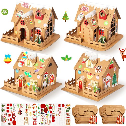 Yunsailing 4 Sets Christmas Gingerbread House Kit Cardboard Christmas Craft Kit DIY Build Gingerbread House Supplies for Boy Girl Kids Holiday Fun Game Party Decorating Playtime