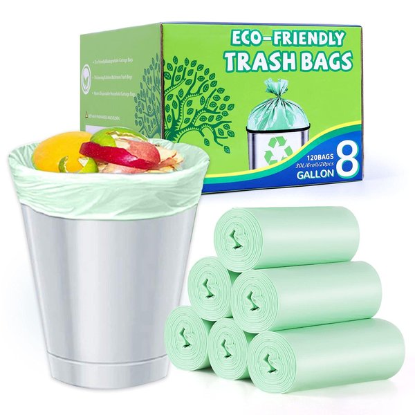 8 Gallon Trash Bags Biodegradeable Medium Garbage Bags, Extra Strong Trash-Can-Liner for Bathroom Kitchen Office (120 Counts, 30 Liter, Green)