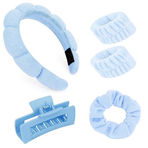 Ondder Blue Spa Headband and Wristband Set Makeup Spa Headband for Washing Face Bubble Skin Care Headbands Face Wash Sponge Puffy Headband Head Bands Hair Accessories for Women Girls