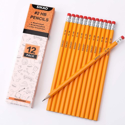 Sikao 12 Pack Pencils #2 Wood Pencils Bulk for Classroom, Wooden Pencils, Number 2 Pencils, No 2 Pencils with Erasers, Yellow HB Pencil for Kids Sketching Drawing School Teacher Supplies