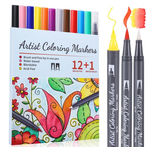 12 Colors Blendable Watercolor Markers,2024 Upgrade Double Tip Paint Pens with 1 Water Brush Pens,Water Based Coloring Makers, Drawing Markers Set with Flexible Brush Tips for Artists, and Beginners