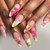 24Pcs French Tips Press on Nails for Art with Tropical Flower Design, Glossy Yellow French Medium Almond Acrylic False Nails Gel Glue on Nails Flower Full Cover Fake Nails Stick on Nails for Women
