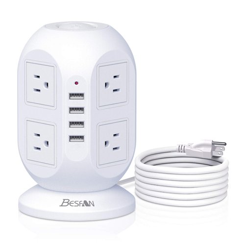 Tower Surge Protector Power Strip 10 Ft, BESFAN Long Extension Cord with Multiple Outlets, 8 AC Outlets with 4 USB Ports Power Strips with Surge Protection for Home Office Dorm Essentials