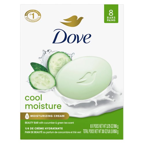 Dove Skin Care Beauty Bar For Softer Skin Cucumber And Green Tea More Moisturizing Than Bar Soap 3.75 oz, 8 Bars