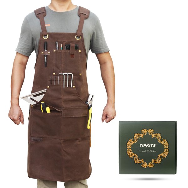 TIPKITS Woodworking Apron with 9 Tool Pockets, Work Aprons 20 oz Waxed Canvas with Magnetic Holders, Shop Apron for Carpenter's Gift