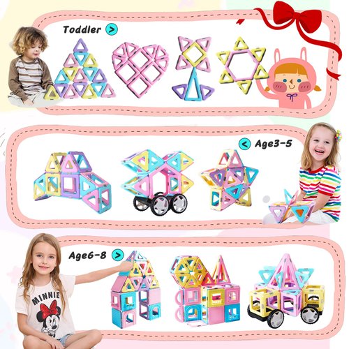 TOKBLOK Magnetic Tiles Toys for 3 4 5 6+ Year Old Girls Boys 100Pcs Macaron Magnet Building Blocks Set for Toddler STEM Educational Toys for Kids Birthday Gifts (Castle & Car Set)