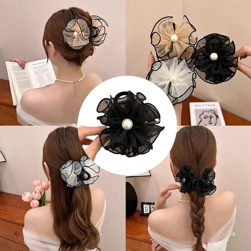 3 Pcs Flower Hair Claw Clips for Women Big Mesh Flower Hair Claw with Pearl Cute Floral Hair Accessories for High Ponytail Non Slip Strong Hold Hair Clips for Thick Hair